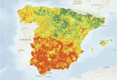  ?? Grafik: INE ?? Das Nord-Süd-Gefälle beim Einkommen zeigt sich deutlich auf der Karte des INE.