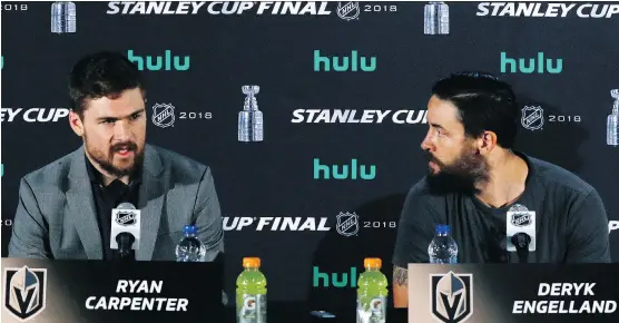  ?? BILL SIKES/AP ?? Vegas Golden Knights players Ryan Carpenter and Deryk Engelland spoke to the media Sunday rather than well-known stars such as Marc-Andre Fleury and William Karlsson.