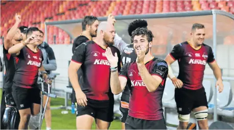  ?? Picture: RICHARD HUGGARD/GALLO IMAGES ?? JOB WELL DONE: Rowan Gouws of the Southern Kings and teammates celebrate their first win of the season when they defeated Newport Gwent Dragons at Nelson Mandela Bay Stadium in March last year.