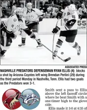  ?? ASSOCIATED PRESS ?? NASHVILLE PREDATORS DEFENSEMAN RYAN ELLIS (4) blocks a shot by Arizona Coyotes left wing Brendan Perlini (29) during the third period Monday in Nashville, Tenn. Ellis had two goals as the Predators won 3-1.