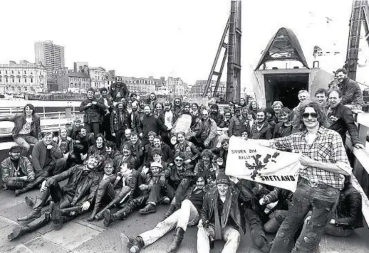  ??  ?? Motorcycli­sts aboard the ship St Clair in Aberdeen before they set off for the Simmer Dim Rally in Shetland in June 1984