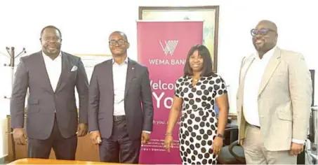  ??  ?? L-R: Niyi Toluwalope, managing director /CEO, eTransact; Ademola Adebise, managing director /CEO, Wema Bank; Abimbola Reis, head, VAS banking; and Olusegun Adeniyi, chief digital officer, Wema Bank, during a meeting at the Wema Bank Towers recently.