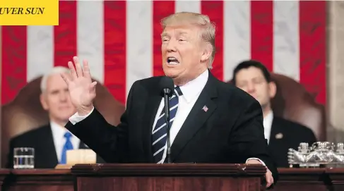  ?? JIM LO SCALZO/POOL IMAGE VIA AP ?? Saying “the time for small thinking is over,” U.S. President Donald Trump addresses a joint session of Congress in Washington on Tuesday.