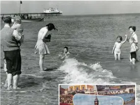  ??  ?? BESIDE THE SEASIDE: One from our archives, above, of a family at Skegness in the 1950s. Right a vintage postcard from the exhibition at Newarke Houses Museum