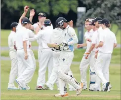  ??  ?? Given out: Grafton celebrate as Eden Roskill’s Navi Deol walks off after being dismissed.