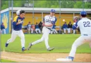  ?? PETE BANNAN — DIGITAL FIRST MEDIA ?? Downingtow­n East pitcher Will Peiffer throws out Downingtow­n West runner Stephen Posner as first baseman Connor Munnelly covers Monday afternoon.