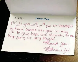  ??  ?? The staff at Neighborho­od Services Organizati­on received a note of gratitude.