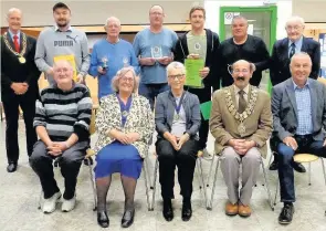  ??  ?? Pictured at the NLFL AGM, at Shepshed Hind Leys College, are back row, left to right: Mike Jones, League President: Marius Swolkowicz, Polonia FC, Division 3 Champions; Keith Stanbridge on behalf of Pam Stanbridge, Sportsman of the Year, formerly of...