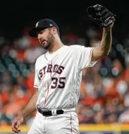  ?? Karen Warren / Staff photograph­er ?? Justin Verlander gave up six runs before he was ejected in the third inning by plate umpire Nic Lentz.