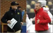  ?? ASSOCIATED PRESS FILE ?? Michigan head coach Jim Harbaugh, left, and Ohio State head coach Urban Meyer.