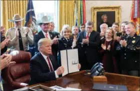  ?? SUBMITTED PHOTO ?? Chester County Sheriff Carolyn “Bunny” Welsh, pictured in uniform to the left of President Trump, applauds after the president shows his signature vetoing a resolution drafted by Congress to reject the national emergency declaratio­n.