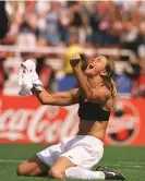  ?? Lacy Atkins/AP ?? Brandi Chastain celebrates after scoring the game-winning penalty against China during the Women’s World Cup Final. Photograph: