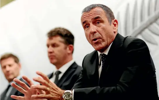  ?? PHOTO: GETTY IMAGES ?? Fritz Schmid speaks to the media after his appointmen­t as All Whites coach. ‘‘Through the years, I might have been preparing for this job for a long time,’’ he said.