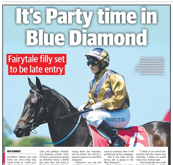  ?? Picture: Vince Caligiuri/Getty Images ?? Nikita Beriman riding Party For Two before finishing second in the Ladbrokes Blue Diamond Prelude Fillies at Sandown on Saturday.