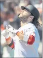  ?? KARL MONDON — STAFF ?? The Giants’ Brandon Crawford gestures to the sky after hitting a solo home run in the sixth inning.