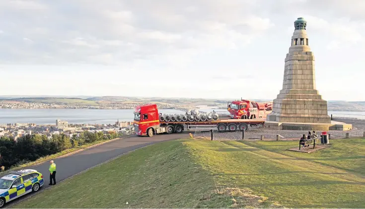  ??  ?? MAROONED WITH A VIEW: An English lorry driver was stranded for four hours at the top of Dundee Law after asking a passerby for directions as he delivered pipes.