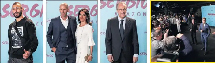  ??  ?? APOYO DEL EQUIPO. De izquierda a derecha, Benzema, Zidane y su esposa, Veronique, Florentino Pérez y una panorámica del estreno en el Reina Sofía.