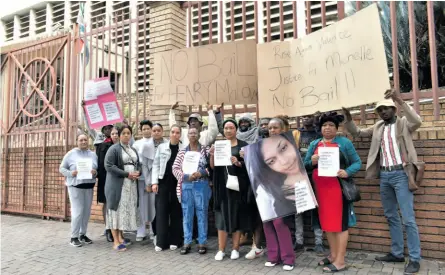  ?? ?? Michelle Jones’s family and friends protested against the bail applicatio­n of her alleged killer, Hendry Dlamini, outside the Nelspruit Magistrate’s Court on Tuesday.