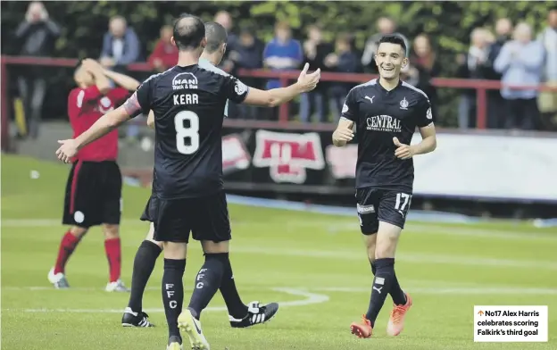  ??  ?? 0 No17 Alex Harris celebrates scoring Falkirk’s third goal