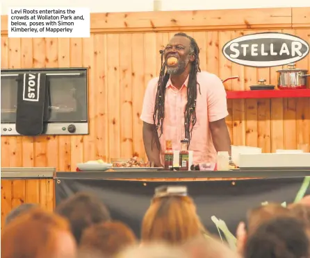  ??  ?? Levi Roots entertains the crowds at Wollaton Park and, below, poses with Simon Kimberley, of Mapperley