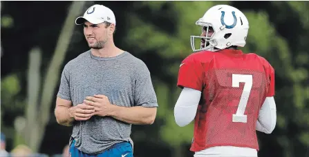  ?? ASSOCIATED PRESS FILE PHOTO ?? The surprise retirement of Andrew Luck, left, on Saturday makes way for Jacoby Brissett (7) to step in again. Only this time he’s much more ready.