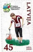  ?? ?? Latvian stamp commemorat­ing the 2008 European Orienteeri­ng Championsh­ips showing a runner confirming their arrival at a control using electronic recording