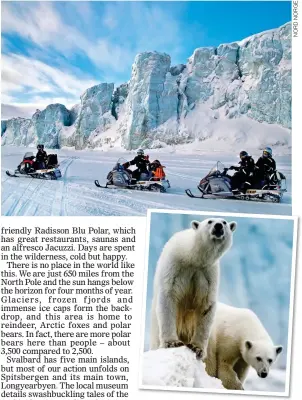  ??  ?? WINTER WONDERLAND: A snowmobile trip in Svalbard, top. Above: Two of the area’s polar bears