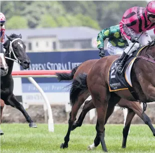  ??  ?? Giant strides . . . Imelda Mary and Cameron Lammas are well clear in the Sir Tristram Fillies’ Classic at Te Rapa on Saturday.