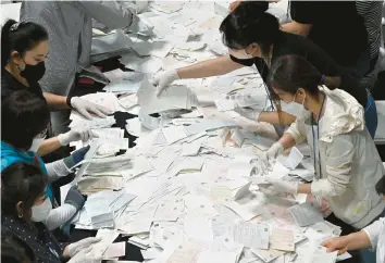  ?? JUNG YEON-JE/GETTY-AFP ?? South Korean election officials sort through and count ballots Wednesday at a gymnasium in Seoul. Voters went to the polls nationwide in races to elect mayors, governors, local council members and regional education chiefs. President Yoon Sook Yeol’s governing party won 12 of the 17 races for big-city mayors and provincial governors in local elections.