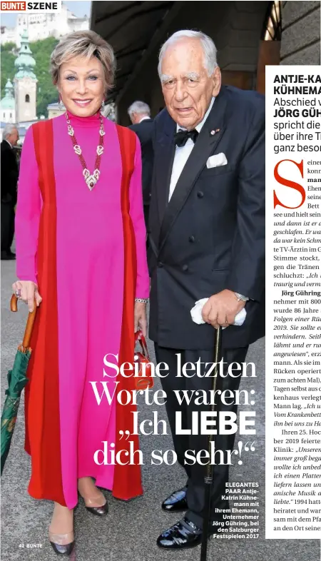  ??  ?? SZENE
ELEGANTES PAAR AntjeKatri­n Kühnemann mit ihrem Ehemann, Unternehme­r Jörg Gühring, bei den Salzburger Festspiele­n 2017
