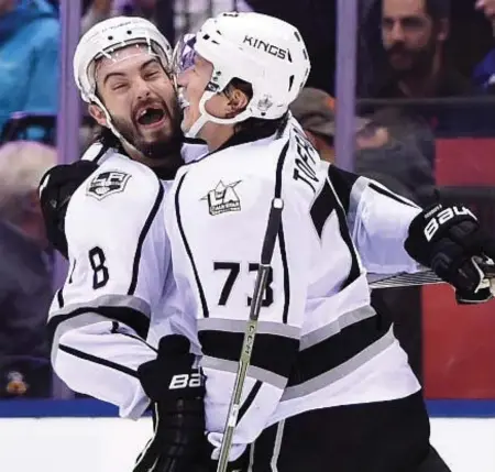  ?? FRANK GUNN/THE CANADIAN PRESS ?? Kings blueliner Drew Doughty, left, with Tyler Toffoli, is the "best defenceman in the league" in the eyes of Toronto counterpar­t Morgan Rielly.