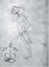  ??  ?? A diver with bellows for breathing and a lantern with a sponge and lit candle; artist unknown, late fifteenth century