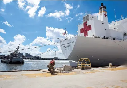  ??  ?? Sailors cast off mooring lines to the Command hospital ship USNS Comfort as the vessel evacuates Naval Station Norfolk in preparatio­n for Hurricane Florence in Norfolk, Virginia, yesterday. — Reuters