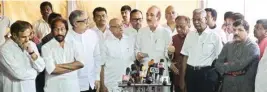  ?? PTI ?? Opposition leaders talk to media during the ongoing Budget Session of Parliament House in New Delhi on Wednesday