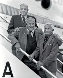  ?? PHOTO JOHN SELKIRK/FAIRFAX NZ ?? Victoria Cross winners, from left, Jack Hinton, Keith Elliot and Charles Upham, off to Battle of Britain celebratio­ns in the UK, about to board their aircraft at Whenuapai on May 3, 1988.