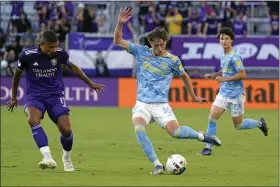  ?? JOHN RAOUX — THE ASSOCIATED PRESS ?? The Union’s Jack McGlynn, right, one of four Union Homegrowns currently playing for Team USA’s U-20continge­nt, moves the ball past Orlando City’s Junior Urso during a U.S. Open Cup match in May.