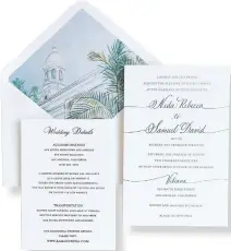  ??  ?? Customized modern letterpres­s wedding invitation suite combining deep letterpres­s, hand calligraph­y, and hand-painted watercolor envelope liner inspired by the couple’s wedding venue by Occasion to Celebrate; invitation­sla.com