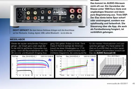  ??  ?? DICHT GEPACKT: Bei dem kleinen Gehäuse drängen sich die Anschlüsse auf der Rückseite. Analog, digital, USB, selbst Bluetooth – es ist alles da.