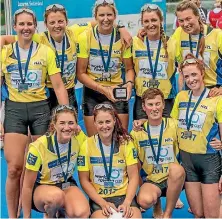  ??  ?? Sam Bosworth, third from left on the front row, with the New Zealand women’s eight that won gold in Poznan at the World Cup II.