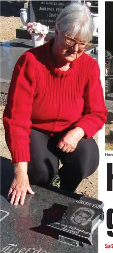  ??  ?? Marie Rademeyer at her daughter’s broken headstone. Hannes Han Eyssen and Marie Rademeyer at the Aberdeen cemetery, where vandalism is rife.