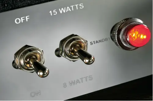  ??  ?? 1 1. As with the Tiny Terror, the Trailblaze­r’s standby switch has two ‘on’ positions, one delivering around 15 watts on full power, the other attenuated down to around eight watts