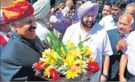  ?? KESHAV SINGH/HT ?? Punjab CM Capt Amarinder Singh welcomes governor VP Singh Badnore at the Punjab Vidhan Sabha in Chandigarh on Tuesday.