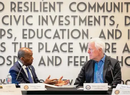  ?? Annie Mulligan/Contributo­r ?? Mayor Sylvester Turner speaks with U.S. Sen. John Cornyn, R-Texas, about his Law Enforcemen­t De-Escalation Training Act during a Tuesday roundtable discussion at City Hall.