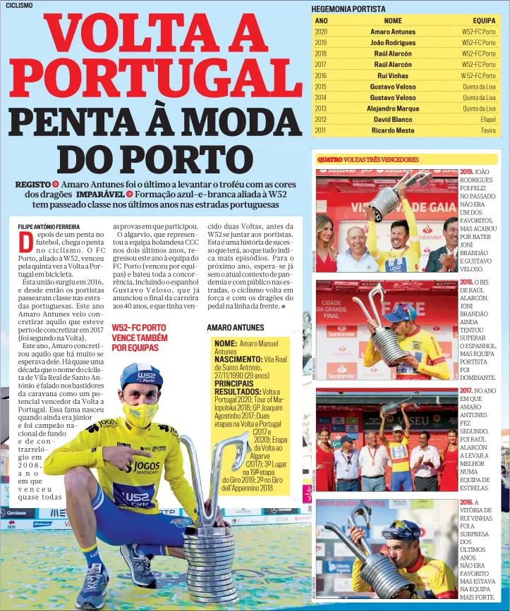  ??  ?? CICLISMO 2019. JOÃO RODRIGUES FOI FELIZ NO PASSADO. NÃO ERA UM DOS FAVORITOS, MAS ACABOU POR BATER JONI BRANDÃO E GUSTAVO VELOSO.
2018. O BIS DE RAÚL ALARCÓN. JONI BRANDÃO AINDA TENTOU SUPERAR O ESPANHOL, MAS EQUIPA PORTISTA FOI DOMINANTE.
2017. NO ANO EM QUE AMARO ANTUNES FEZ SEGUNDO, FOI RAÚL ALARCÓN A LEVAR A MELHOR NUMA EQUIPA DE ESTRELAS.
2016. A VITÓRIA DE RUI VINHAS FOI A SURPRESA DOS ÚLTIMOS ANOS. NÃO ERA FAVORITO MAS ESTAVA NA EQUIPA MAIS FORTE.