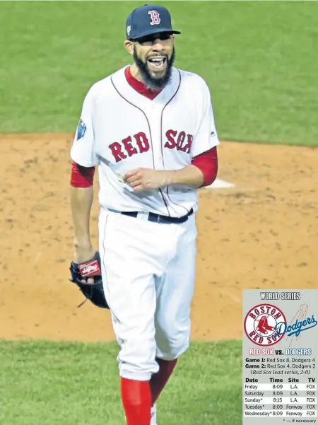  ?? STUART CAHILL / BOSTON HERALD ?? WINNING WAYS: David Price, who pitched six innings and earned the victory, is fired up leaving the mound during the Red Sox’ 4-2 win against the Dodgers in Game 2 of the World Series last night at Fenway Park.