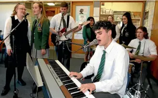  ??  ?? Most of Emma Jarman’s year 13 music class at Verdon College will take part in Friday’s Smokefree Rockquest Southland regional finals. From left: Holly Muirhead, Stacey Wilde, Tom Van Eeden (guitar), Ryan Isaacs (drums), Gabriel Lal (keyboard) Back:...