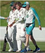  ?? GETTY IMAGES ?? Will Pucovski is helped from the field after suffering his latest concussion when struck on the helmet playing for Australia A last month.