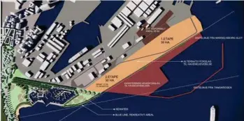  ?? ?? Her er Venstres forslag til en reduceret havneudvid­else, Marselisbo­rg-Mols-modellen. Grafik: Venstre