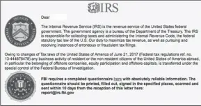  ?? COURTESY PHOTOGRAPH ?? A fake email purporting to be from the IRS includes a link that downloads a ransomware virus on to the victim’s computer.