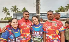  ??  ?? Namosi halfback Aminiasi Natoga (right) with fans at Navua. He is going to play a big role in tomorrow’s Farebrothe­r-Sullivan Trophy defence against Nadi in Suva.